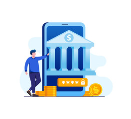 Online banking with smartphone or money wallet concept. Digital finance technology. landing page website illustration vector flat design 