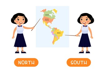 NORTH and SOUTH antonyms word card, opposites concept. Flashcard for English language learning. A female Asian teacher points to a map