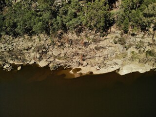 Drone photo of the Nepean Gorge on the Nepean River west of Sydney, New South Wales, Australia. The gorge is located south of the western suburb of Penrith.