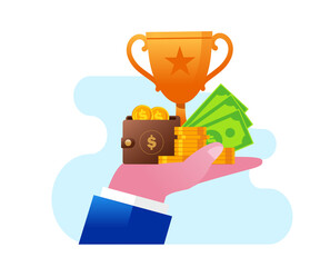 Achievement trophy and winning prize flat vector illustration banner and landing page 