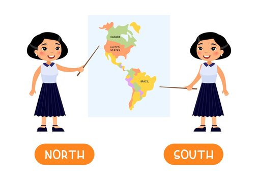 NORTH And SOUTH Antonyms Word Card, Opposites Concept. Flashcard For English Language Learning. A Female Asian Teacher Points To A Map