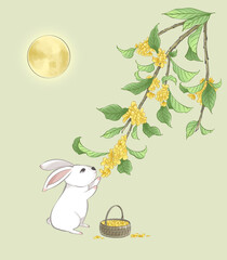 Colorful illustration of osmanthus fragrans flowers and a rabbit, digital art.