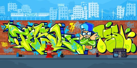 Abstract Outdoor Colorful Urban Streetart Graffiti Wall With Drawings Against The Background Of The Cityscape Vector Illustration