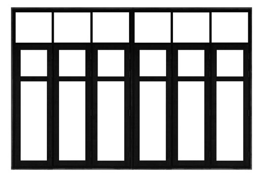 Black wooden window frames with glass windows, Chinese style isolated on a white background