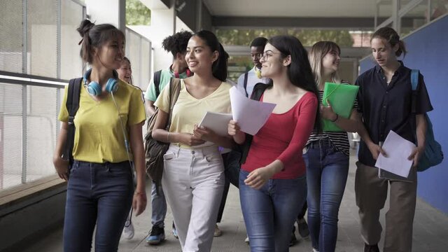 Multi-ethnic group of confident and happy secondary school students going back to classes. Diverse teenager friends arriving walking to High School College. Cultural Diversity in Education and Society