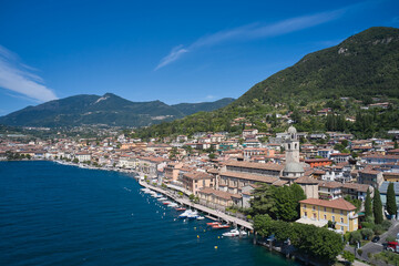 Fototapeta na wymiar Panorama Salò, Italy aerial view. Aerial panorama of the historic part of Salò on Lake Garda.