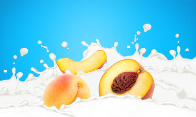 Fototapeta na wymiar Cutted peach in milk splashes isolated on a blue background.