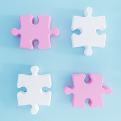 3D illustration. Pink and white Puzzle pieces  isolated on Blue background. 3D Rendering