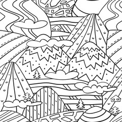 Naklejka premium Graphic mountain landscape. Black and white seamless pattern. Coloring book.