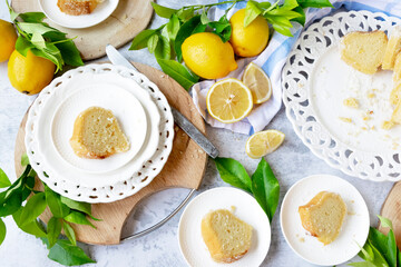 Traditional homemade lemon cake, fresh summer baking items