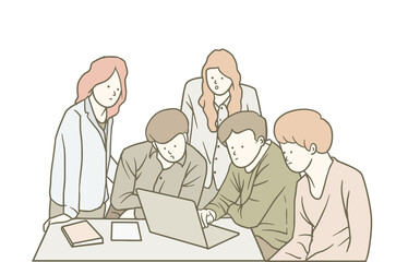 teamwork at the office. hand drawn vector illustration