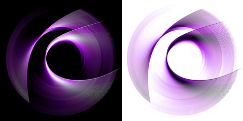 The magenta arcuate blades of the abstract propeller are layered and rotated on white and black backgrounds. Graphic design elements set. Logo, symbol, sign, icon. 3d rendering. 3d illustration.