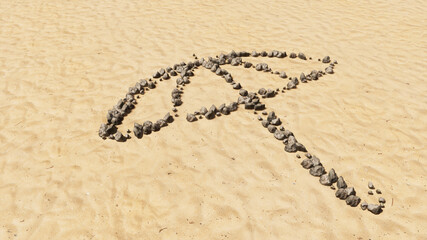 Concept conceptual stones on beach sand handmade symbol shape, golden sandy background, opened umbrella sign. 3d metaphor for protection, security and comfort,  tourism, fashion and style