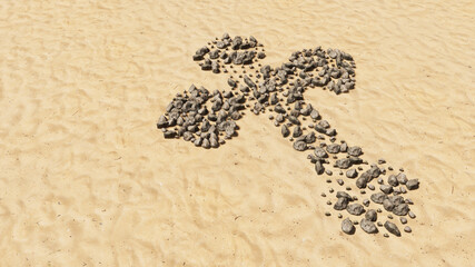 Concept conceptual stones on beach sand handmade symbol shape, golden sandy background, christian cross. A 3d illustration metaphor for God, Christ, religion, spirituality, prayer, Jesus belief