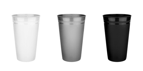 Black, white, gray empty plastic cups set isolated closeup, 3 blank drinking glasses, beverage,...
