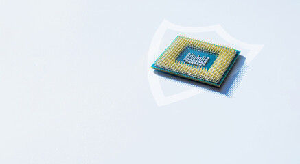 Internet security. Digital computer processor, network motherboard chip on white technology background. Internet business and networking concept.