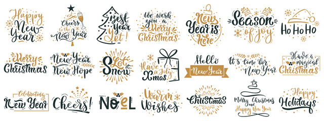 Fototapeta na wymiar Merry Christmas lettering quotes. Happy New Year winter holiday greetings, xmas festive lettering phrases vector illustration set. Christmas hand drawn quotes