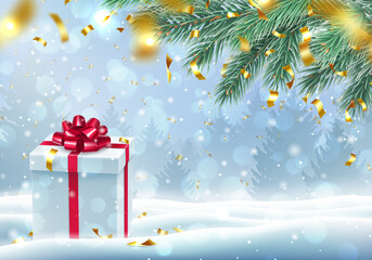 Xmas card with present box and copy space for text. 2022 Merry Christmas and Happy New Year background with gift box decorated with red bow against blurred snowy backdrop realistic vector illustration