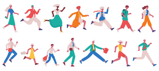 Running hurrying people. Jogging adult characters and kids, hurrying business people vector illustration set. Hurry running people