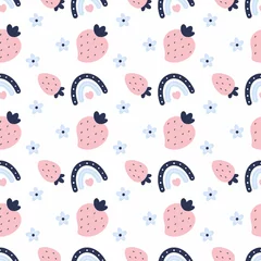 Gordijnen Seamless pattern with cute strawberries. Summer wallpaper for printing on packaging paper. Rainbow in doodle style. Texture for children's fabric and tailoring. © Полина Екимова