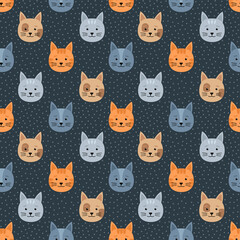 Seamless pattern with cats and dots, vector illustration