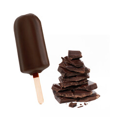 Chocolate popsicle stick ice cream and dark chocolate pieces stack on white background.