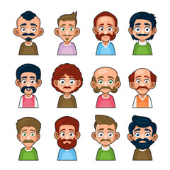 Cute Man Character Set with Mustache and Beard. Cartoon Userpic Icon. Vector