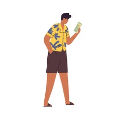 Relaxed suntanned tourist walking and reading city guide at excursion. Man travel with map and sightseeing on summer holidays. Tourism concept. Flat vector illustration isolated on white background