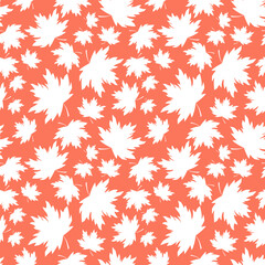 Naklejka na ściany i meble Maple leaves seamless pattern. Acer foliage silhouette boundless background. Floral endless texture. Pink and white leaves cute pastel repeating surface design