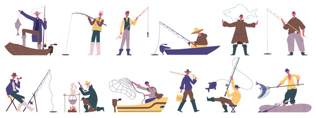 Fisherman characters. Fishing summer outdoor activities, spinning or fishnet fish catching hobby recreation vector illustration set. Male fishermen leisure