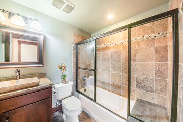 Bathroom interior with rustic design and mint green walls