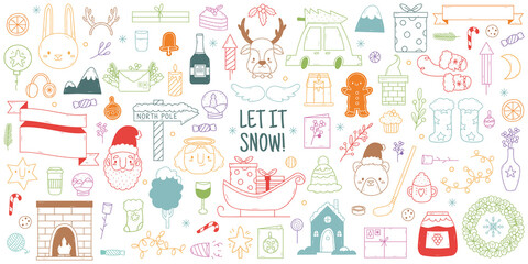 Christmas hand drawn doodles. Cute winter xmas holidays elements, Christmas tree, reindeer and Santa Claus vector illustration set. Hand drawn xmas doodles