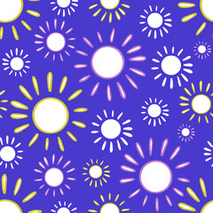 Vector seamless pattern colorful lined design of abstract lined sun in pastel colors on blue