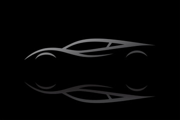 Auto sports car silhouette design. Performance sports vehicle dealership symbol. Supercar isolated on black background. Vector illustration.