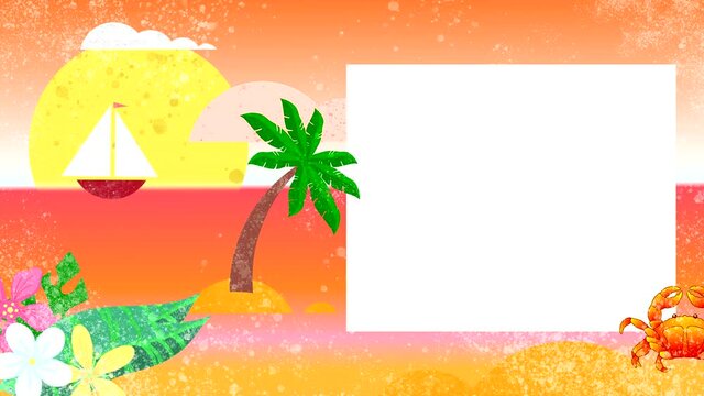 White frame with space for text. Looped animation with moving drawings of leaves, trees, flowers, clouds, sun, sky and sea.