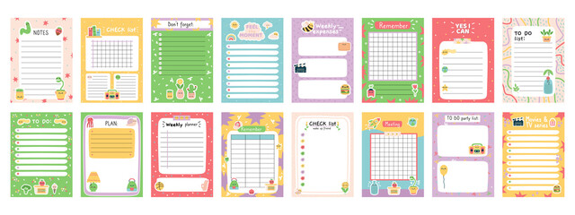 Daily note planners. Weekly scheduler, to do list, note paper or organiser sheets with hand drawn stickers vector illustration set. Cute doodle daily planner - obrazy, fototapety, plakaty