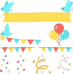 小鳥、ガーランド、カンフェティのイラストセット