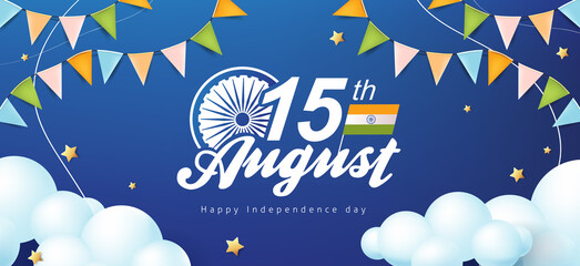 Fototapeta na wymiar Independence day India celebration banner with star and cloud on the blue sky. 15th of August poster.