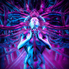 Queen of the machine female cyborg / 3D illustration of science fiction meditating woman android hardwired to complex alien machinery
