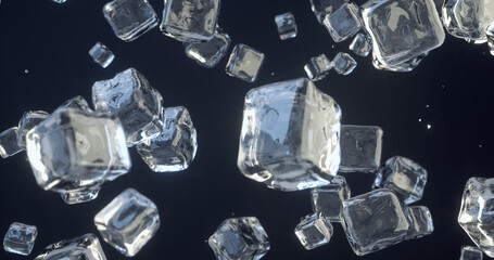 Amazing scene of ice cubes falling in super slow motion. Ice cubes falling on white background. Ice...
