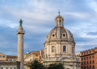 Obraz premium The Church of the Most Holy Name of Mary at the Trajan Forum (Santissimo Nome di Maria al Foro Traiano) and Trajan's Column in Rome, Italy