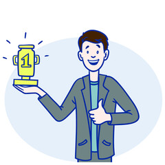 Man with trophy in hand. comic, vector.