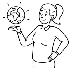 woman with globe in hand. sustainability, nature conservation. comic, outline, monochrome.