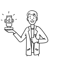 Man with trophy in hand. Outline, comic, monochrome.