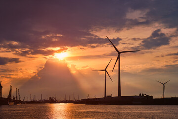 Obraz premium Wind turbines in Antwerp port on sunset.