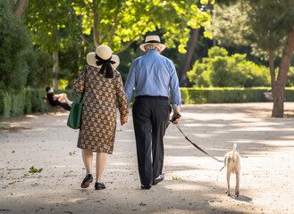 Elderly couple with a dog walking down the boulevard