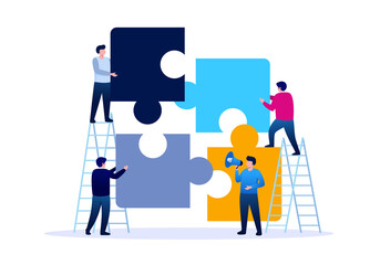People with puzzle representing teamwork business flat vector illustration banner and landing page