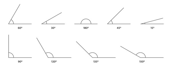 Angle icons set. 150, 135 120, 90 180 60, 45 30, 15 degree measure. Math geometric design element. Technical architect blank. Trigonometry templates. Triangle sign. Vector illustration