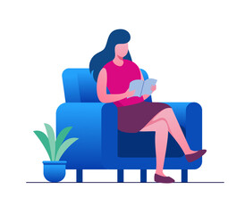 Women reading a book and sitting on blue chair. Flat vector illustration template