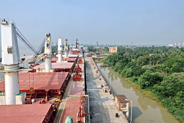 Views of the port entrance lock, pier and terminal of the Port of Haldia, India. October, 2020